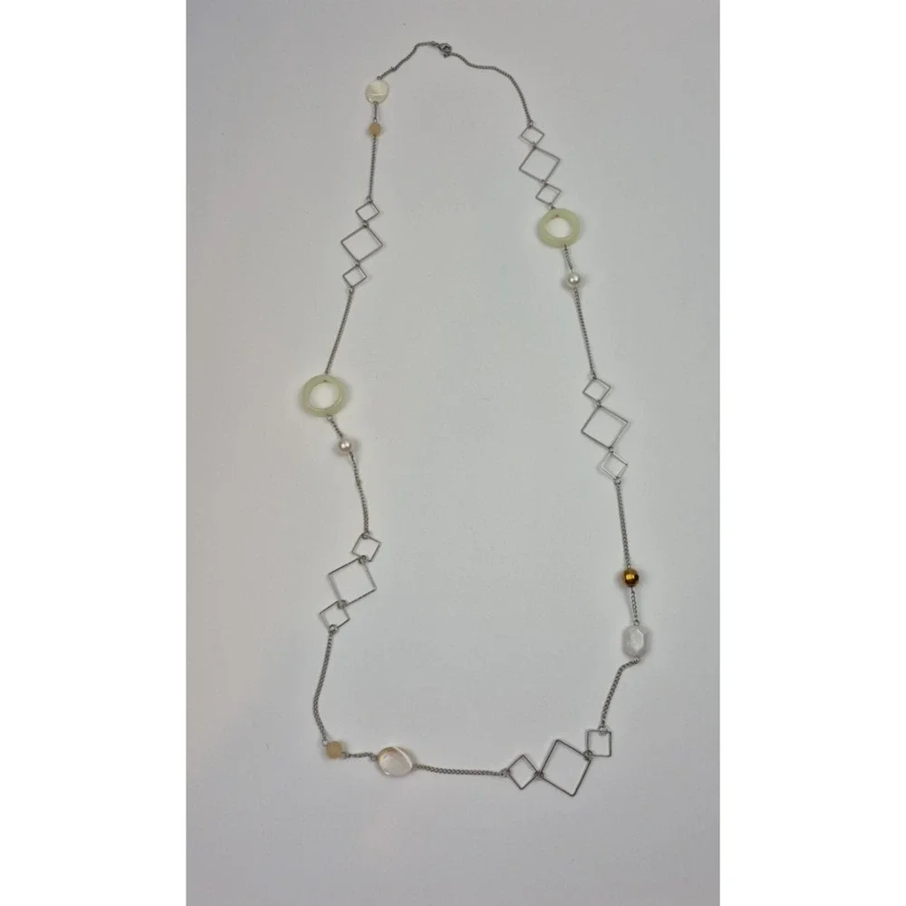 Silver‎ Tone Women Long Necklace Geometric White Beads Jewelry Costume Statement